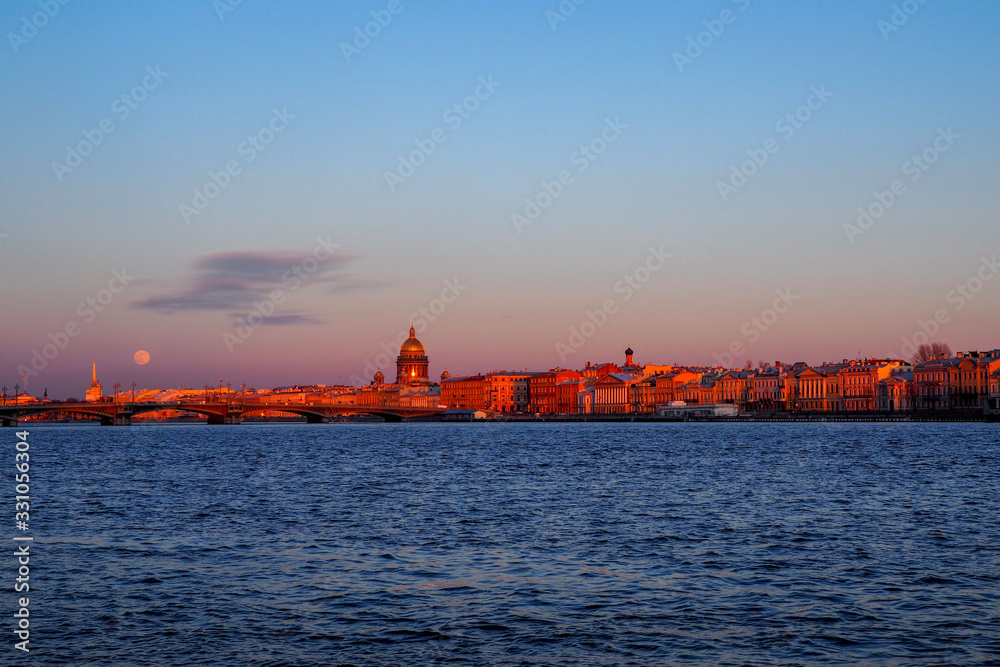 city embankment in the historical center of Saint Petersburg at sunset