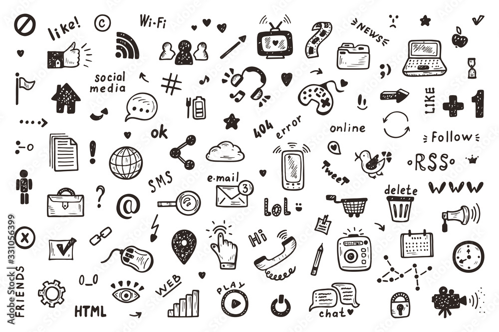 Social Media Icons Vector Set. Hand Drawn Doodle Web Site Signs and Symbols Social Media Icons Vector Set. Hand Drawn Doodle Web Site Signs and Symbols