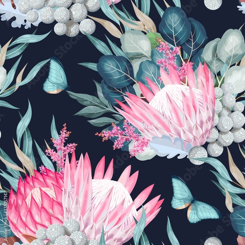 Vector seamless pattern with protea and greenery