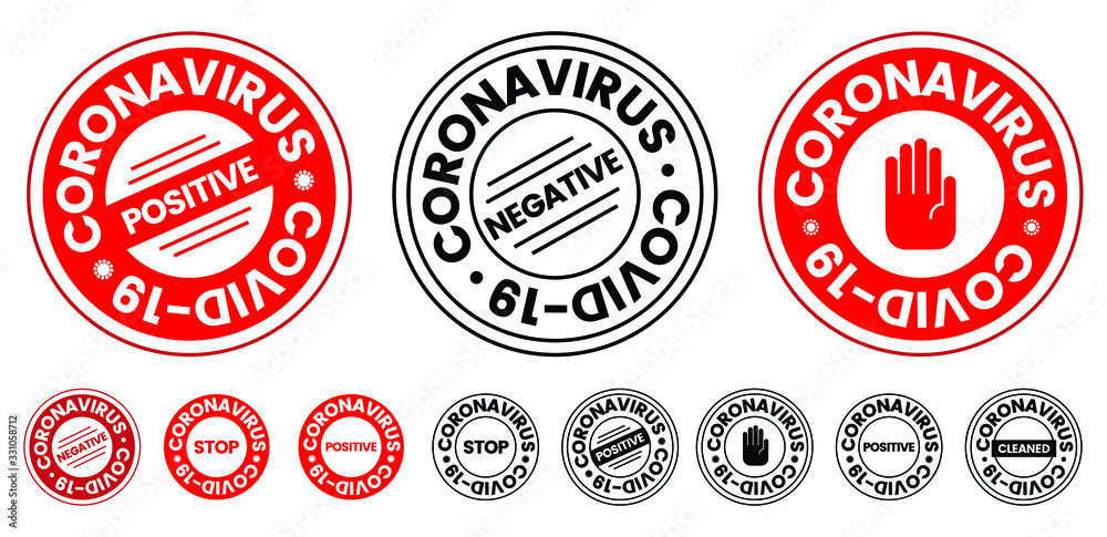 Obraz premium Coronavirus covid-19 red alert seal set. Stamp vector illustration. Positive, negative cleaned or stop message for healty. Pandemic warning, forbidden sign or restricted area.