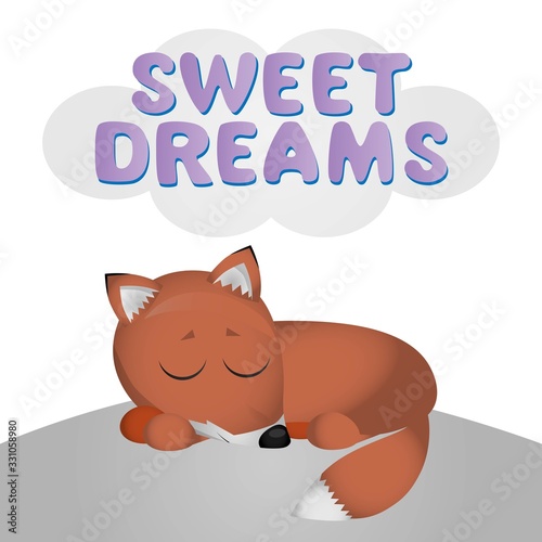 cute baby fox sleeping colorful vector illustration of pup character with text sweet dreams for kids