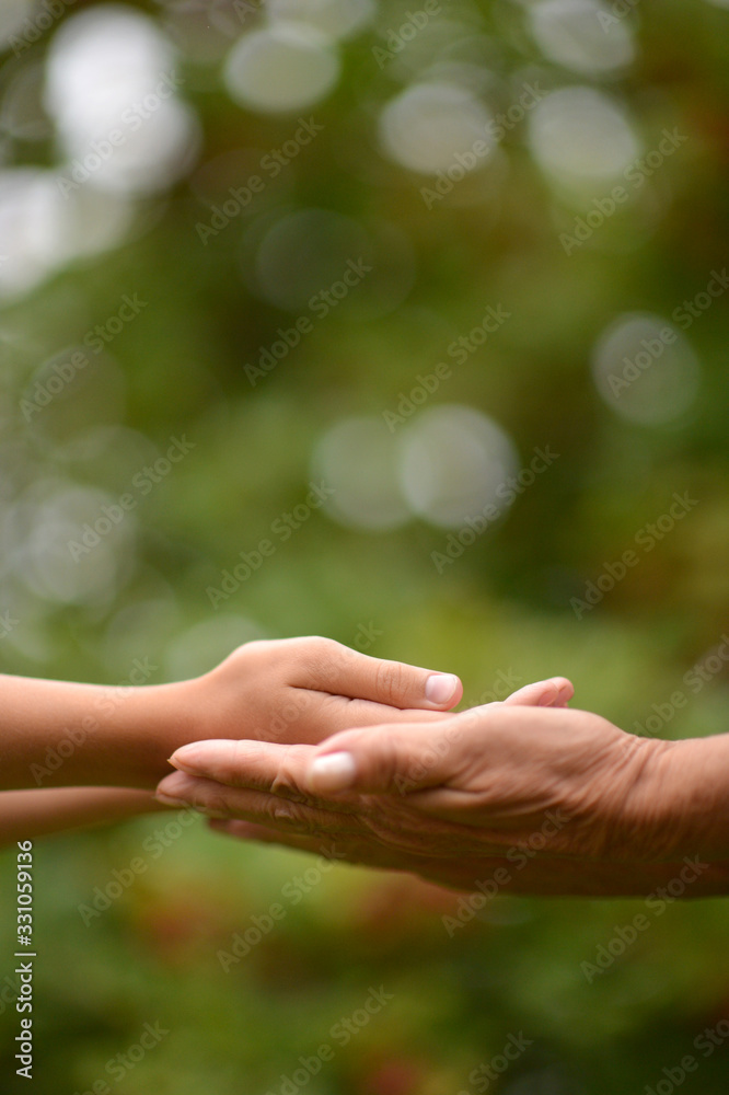 Close up portrait of person holding granddaughter's hand