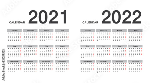 Year 2021 and Year 2022 calendar horizontal vector design template, simple and clean design. Calendar for 2021 and 2022 on White Background for organization and business. Week Starts Monday.