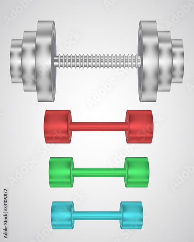 Fitness weights for arms and back muscles exercises, metallic vector set isolated on white background. Body pumping equipment  for healthy lifestyle and bodybuilding. Growing strength and endurance.
