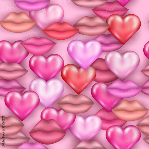 Romantic 3d pink hearts and lips vector seamless pattern. Valentine's day celebration background for textile, wallpaper. Retro sweet feelings theme, decorative lovely print for sale banners, posters.