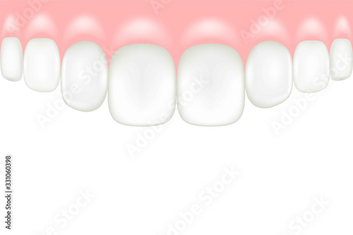 Teeth upper row for dentist service advertising posters isolated on white background. 3d cartoon human teeth and gums to illustrate oral hygiene issues. Caries treatment or ceramic prostheses banner.