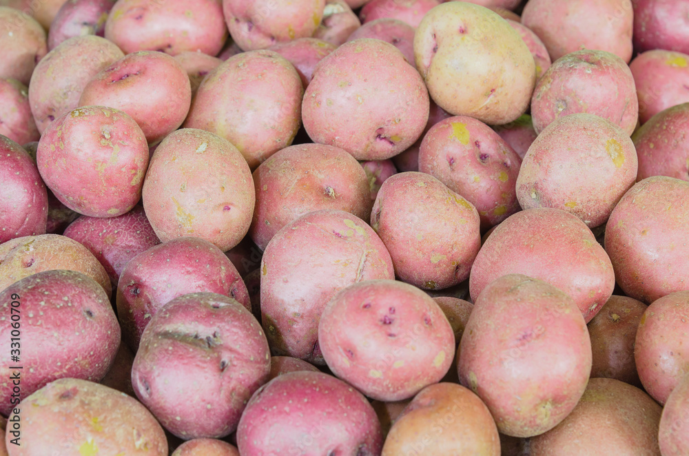 Organic red potatoes full frame view tuber crops background Organic red potatoes full frame view tuber crops background