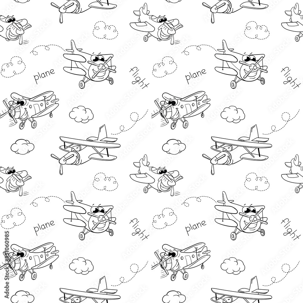 cartoon black and white planes with eyes for children. seamless vector pattern of planes, on a white isolated background, for fabric, packaging paper, background