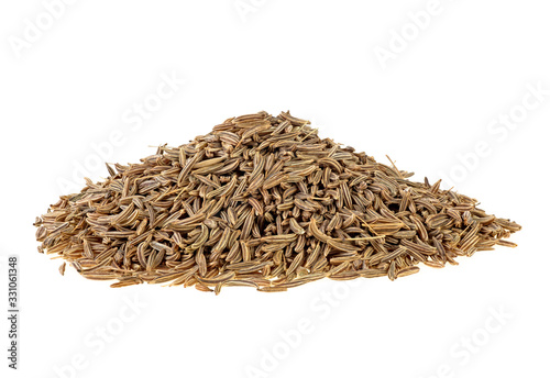 Grains of caraway culinary spice isolated on a white background. Spice aroma cumin seeds.