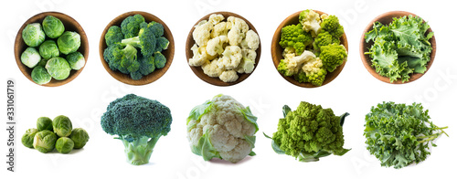 Brussels sprouts, broccoli, cauliflower, roman cauliflower and kale leaves in wooden bowl isolated on a white background. Five bowls of cabbage on a white background. Cabbage from different angles.