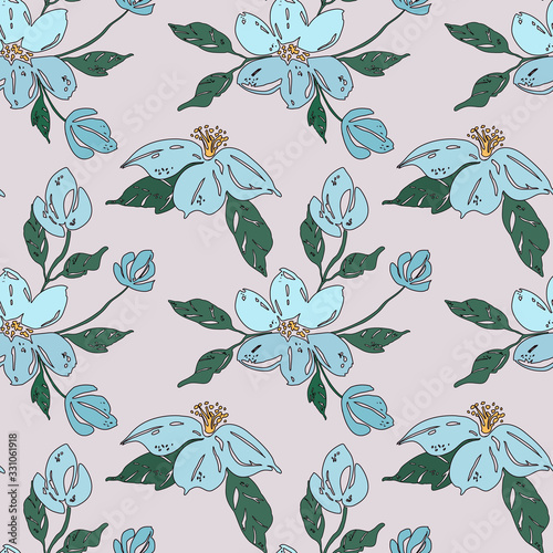 Vector pattern of flowers painted with a dry brush. Simple blue flowers on a colored background