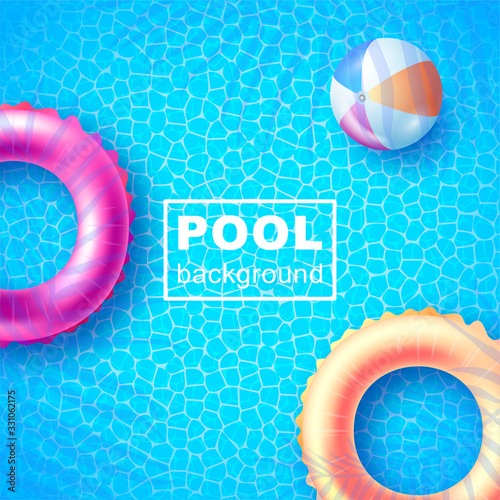 Summer design, pool background, colorful beach ball, float. Vector vacation illustration for Coupon, Voucher, Banner, Flyer, Promotional