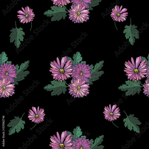 Endless pattern, seamless background of lilac chrysanthemums and green leaves isolated on a black background. 