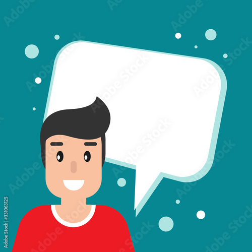 happy man with speech bubble on blue background. Talk, chat message, communicate, messenger concept