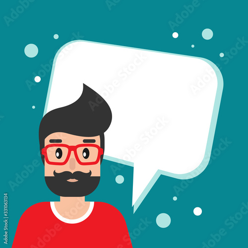 happy man with speech bubble on blue background. Talk, chat message, communicate, messenger concept
