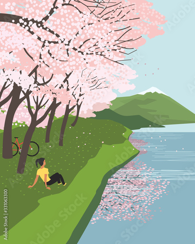 Cherry blossoms at river enjoy flat vector poster