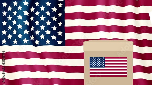Patriotic video clip for the presidential election 2020. American flag flutters, ballot box appears, hand in blue jacket puts ballot paper in the ballot box. Checkmark and text VOTE on questionnaire