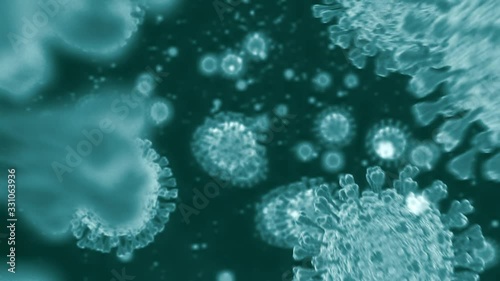 Coronavirus COVID-19 cells under the microscope as a concept. The disease caused by SARS-CoV-2 virus was first identified in Wuhan, Hubei, China and became a pandemic.
