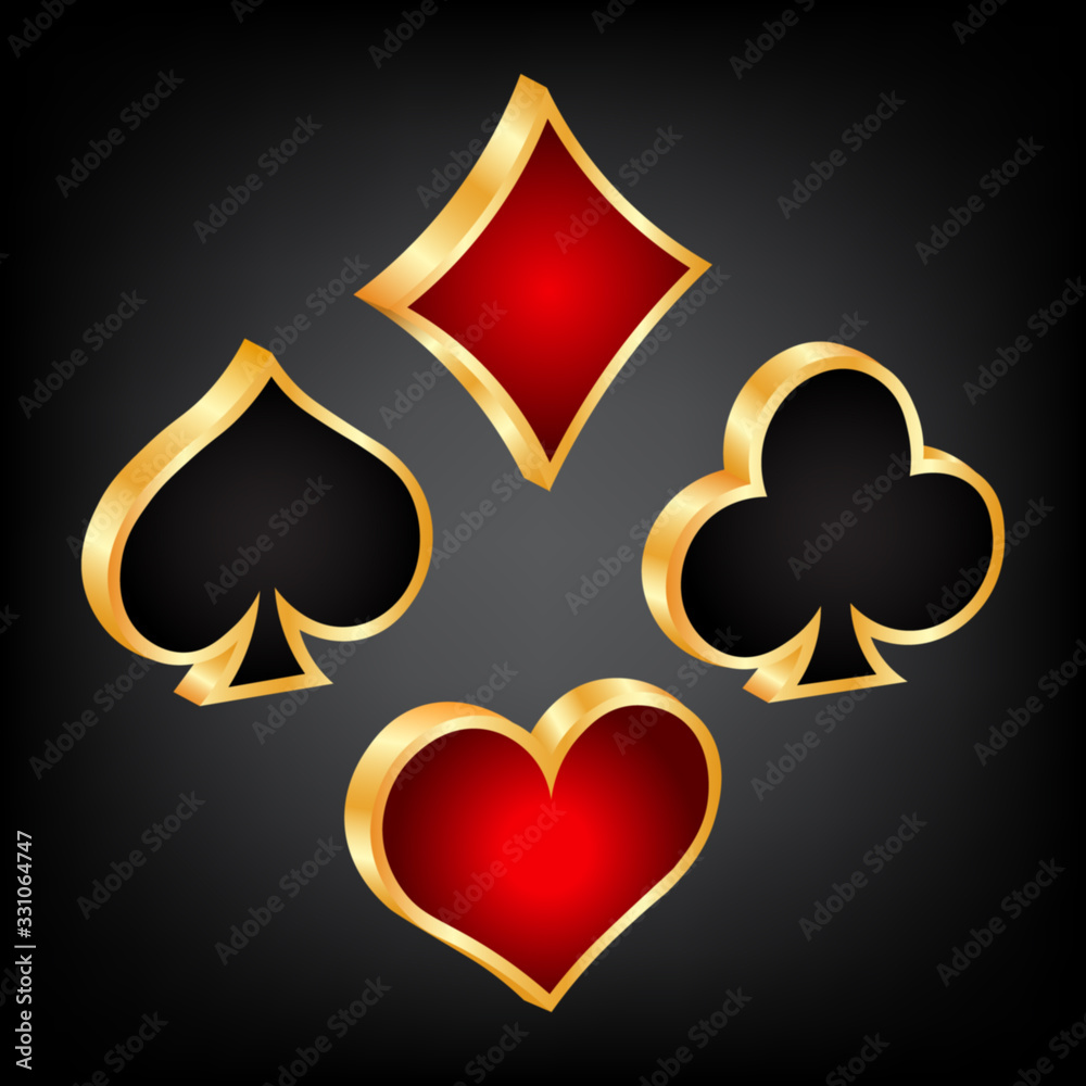 Playing cards symbols with golden outline, 3d symbols on dark background, vector illustration. Playing cards symbols with golden outline, 3d symbols on dark background, vector illustration.