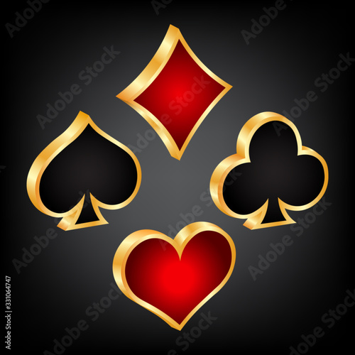 Playing cards symbols with golden outline, 3d symbols on dark background, vector illustration.