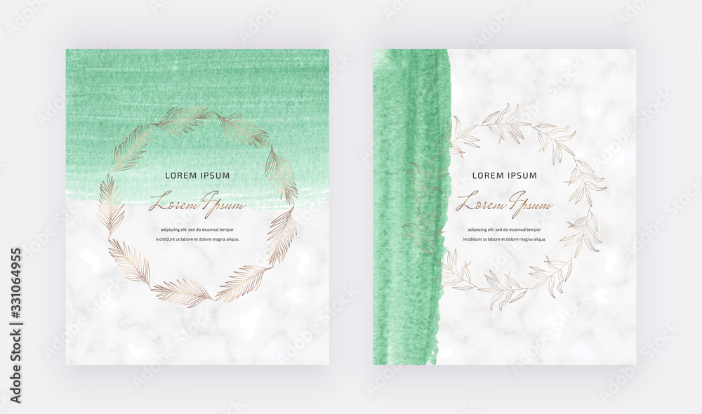 Green watercolor cards with golden wreath. Trendy marble templates for wedding invitation, banner, flyer, poster, greeting.