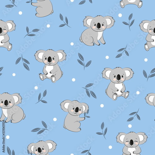 Canvas Print Seamless pattern with cute cartoon koala bears on blue