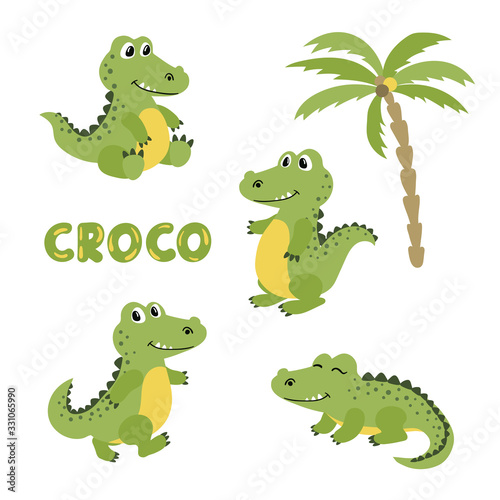Set of cute cartoon crocodiles. Vector illustration of alligators.