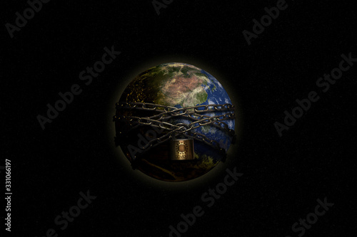 metal chain lockdown the earth  idea  conceptual images for the coronavirus situation of the world.
