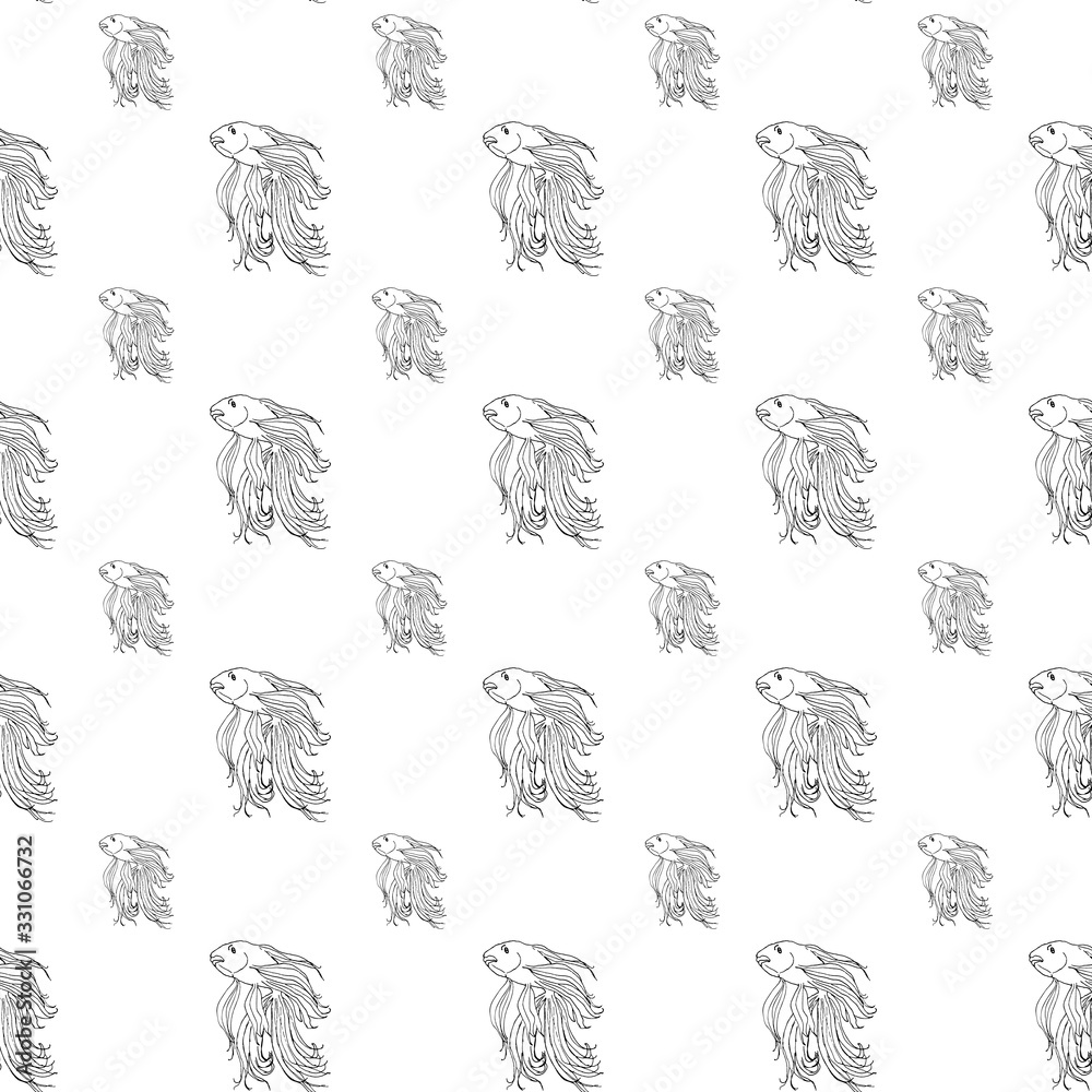 Golden fish seamless pattern. Hand drawing sketch. Black outline on white background. Vector illustration can be used in greeting cards, posters, flyers, banners, logo, further design etc. EPS10