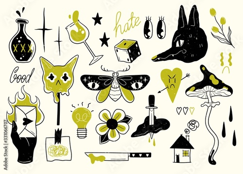 Old school tattoo elements. Cartoon tattoos in funny style. Vector illustration.