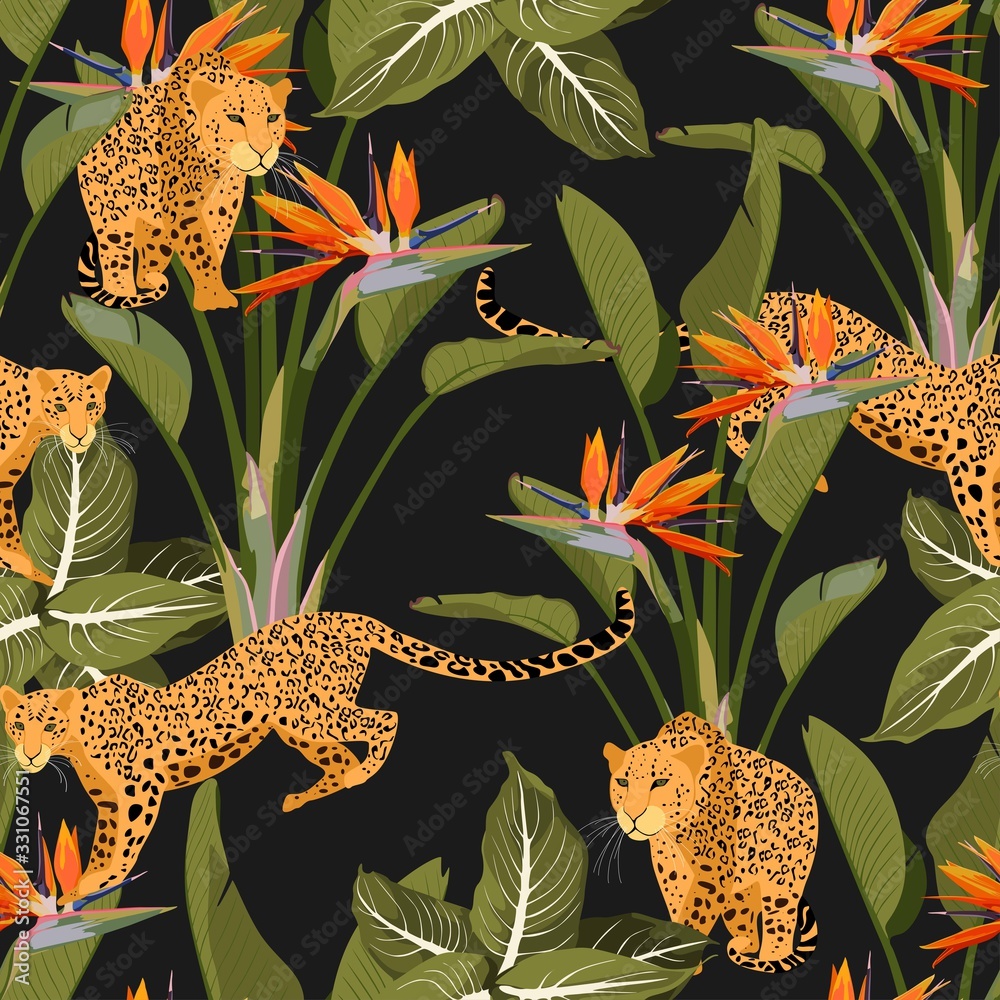 Naklejka premium Seamless tropical safari pattern background with leopard, palms, strelitzia flowers isolated on black background. Perfect for wallpapers, web page backgrounds, surface textures.