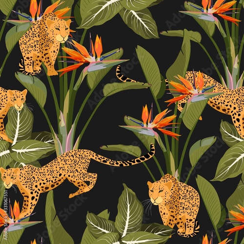 Seamless tropical safari pattern background with leopard, palms, strelitzia flowers isolated on black background. Perfect for wallpapers, web page backgrounds, surface textures. © Виктор Фесюк