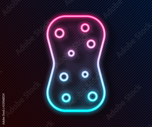 Glowing neon line Sponge with bubbles icon isolated on black background. Wisp of bast for washing dishes. Cleaning service logo. Vector Illustration