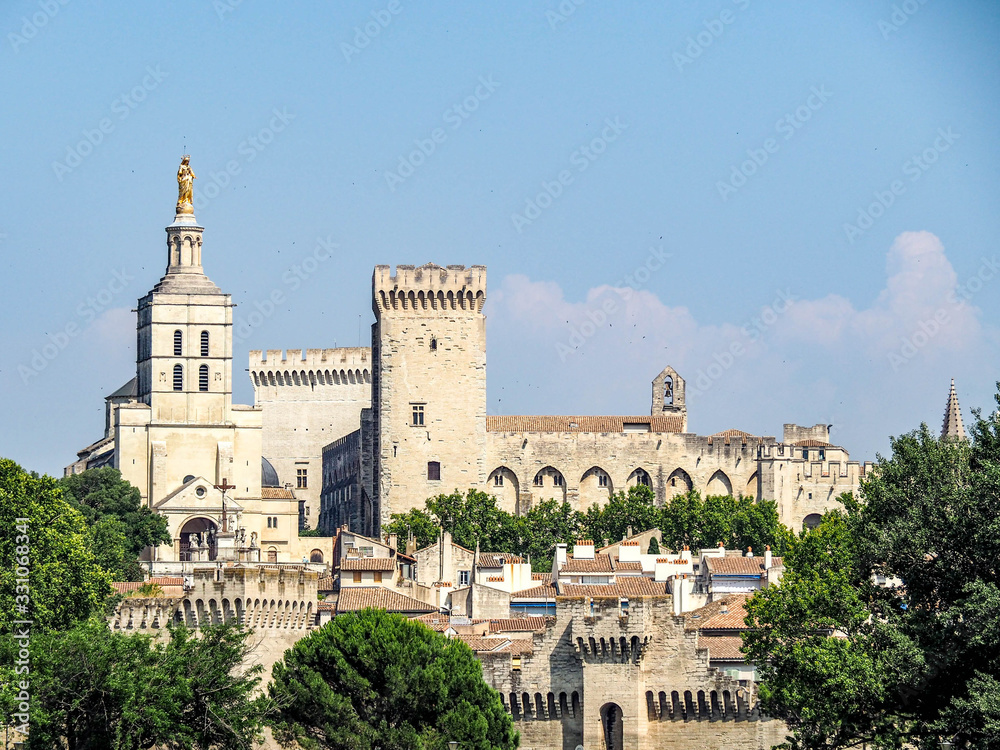 Palais des Papes or Palace of the Popes dominates the skyline of Avignon, France.