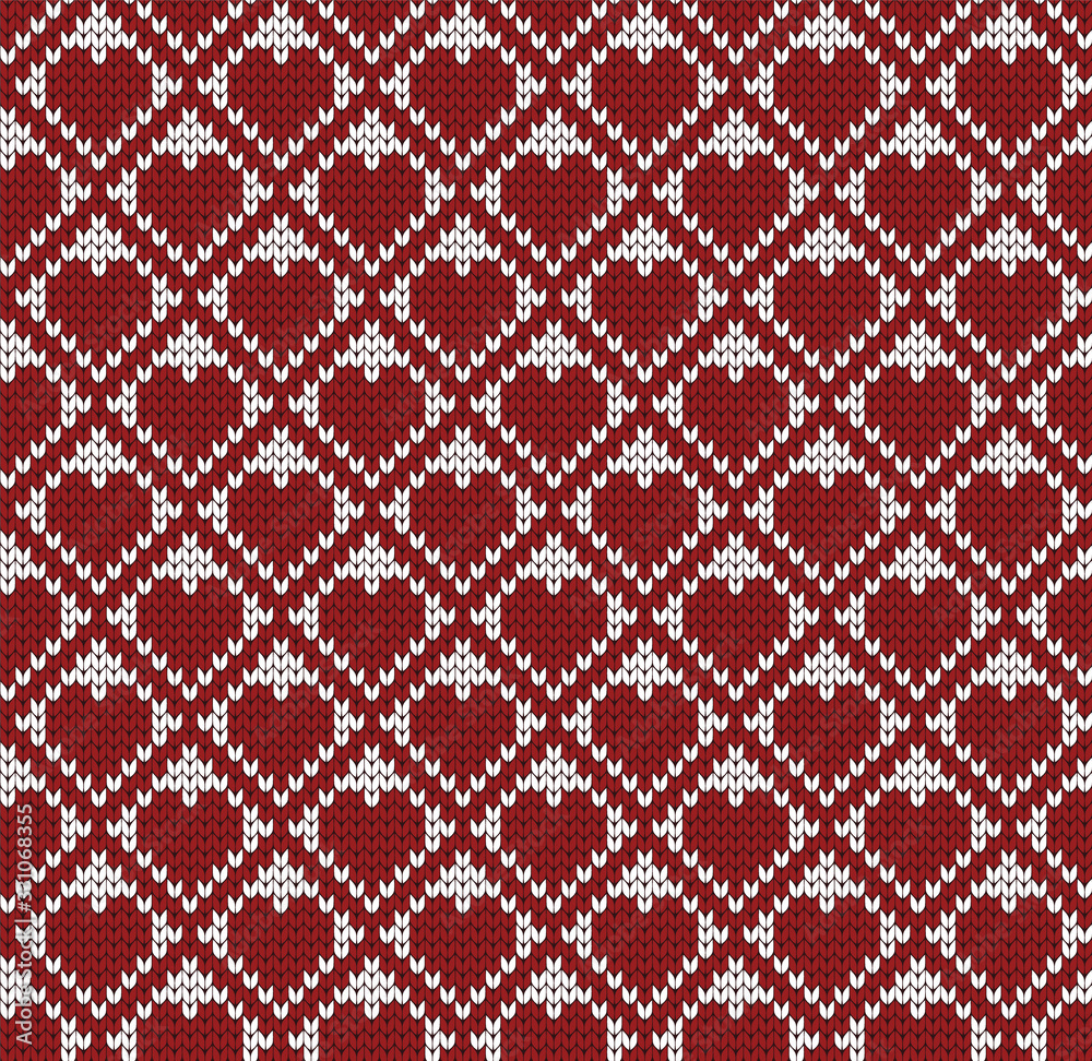 Seamless knitted decorative pattern with red hearts