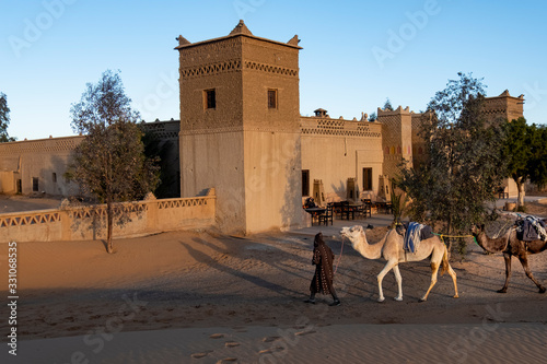 Camels and Desert Hotel, Sahara Desesrt, Morocco