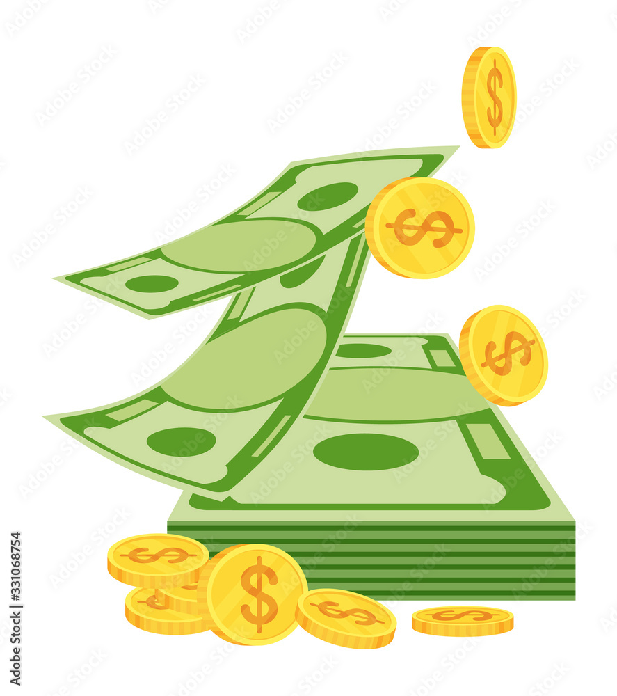 Various kind of money. Packing in bundles of bank notes, bills fly