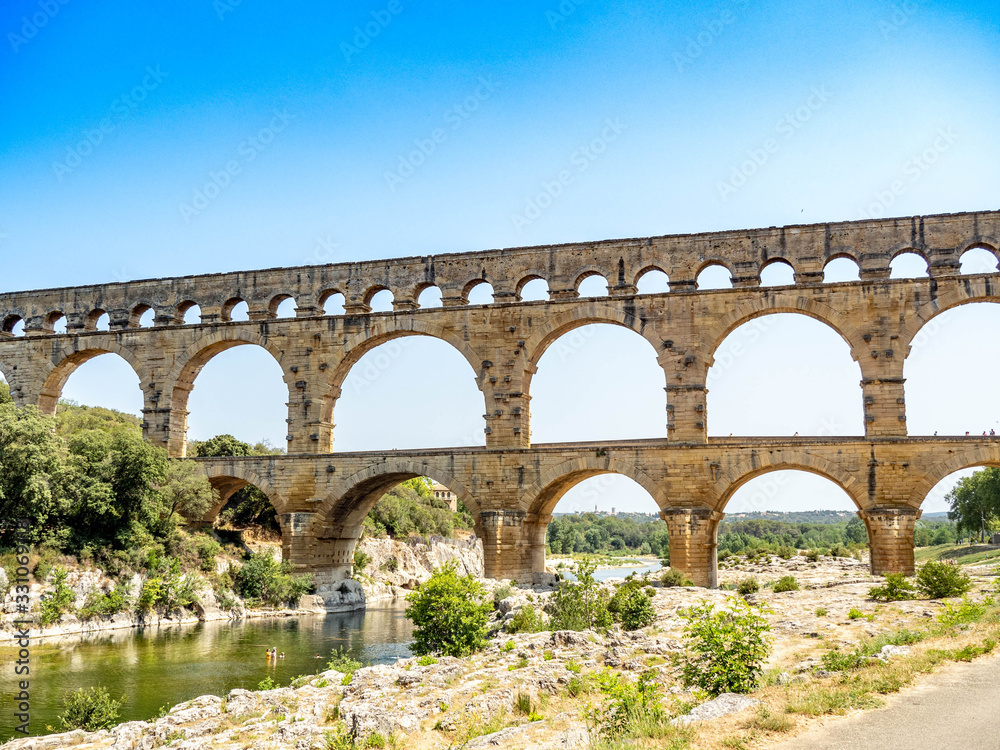 Beautiful arches of Pont Du Gard, a UNESCO World Heritage site.