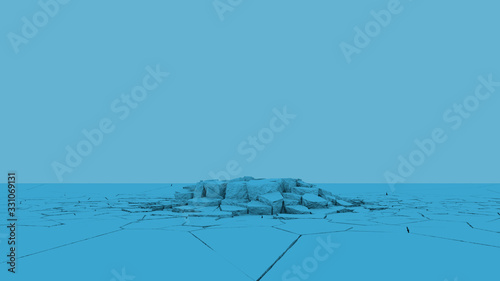 3D rendering of a pile of blue stones over a blue surface. Abstract image, background list.