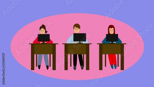 Cartoon animation, students studying in classroom. Male and female students at the school or university at the computers. Online education, technology