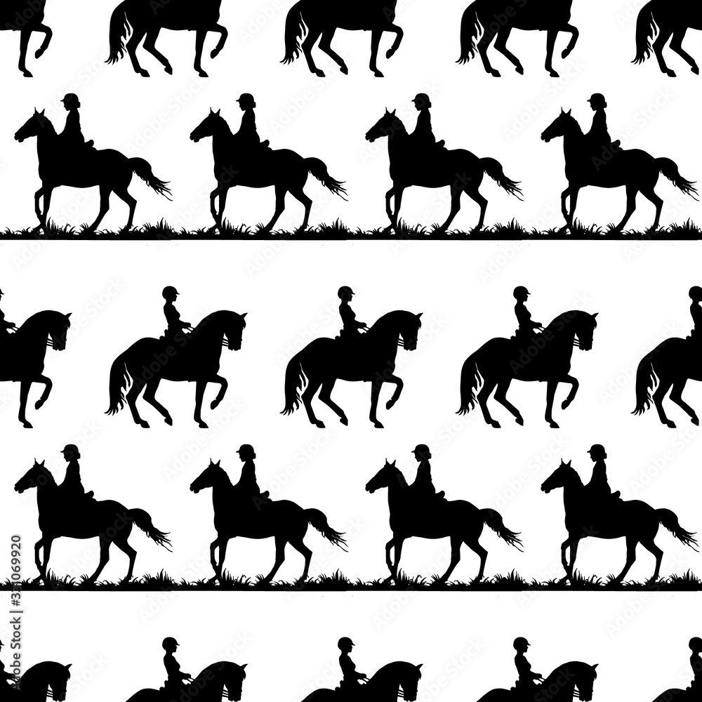 Fototapeta premium black silhouettes of racing sports horses and riders isolated on a white background, seamless background, pattern for decoration, equestrian sports 