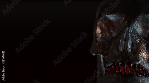 Human skull with dark background. Death, horror, anatomy and halloween symbol. 3d rendering, 3d illustration