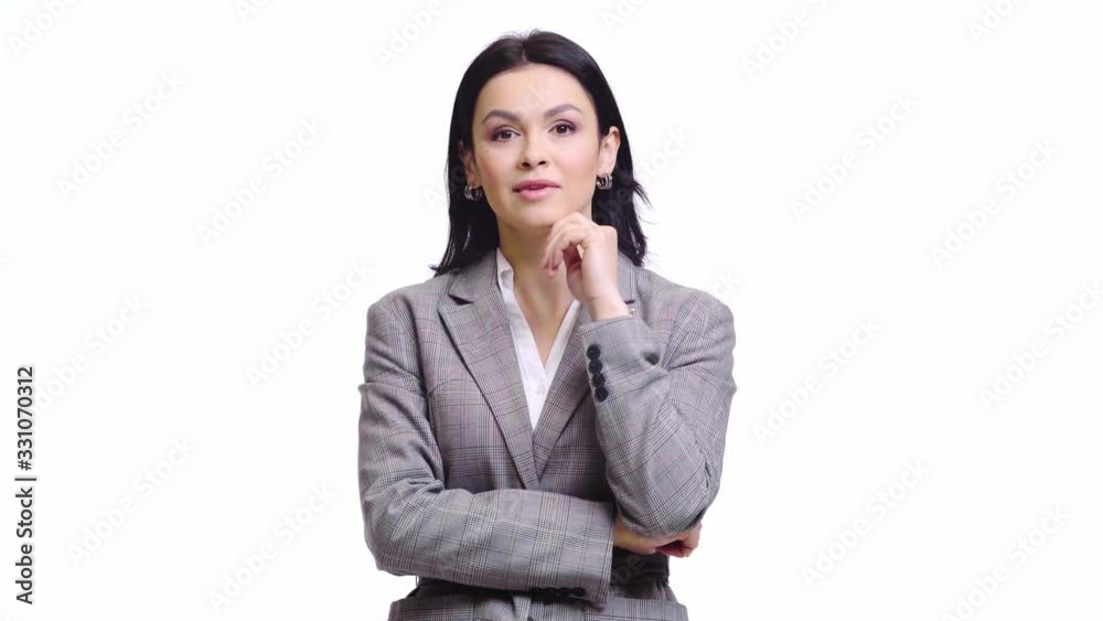 Front view of thoughtful businesswoman getting idea isolated on white Front view of thoughtful businesswoman getting idea isolated on white