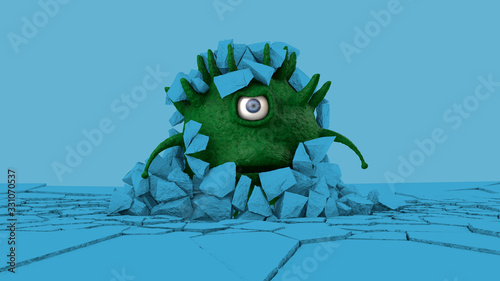 Quadro su tela 3D rendering of a scary, surprised coronavirus, a green one-eyed dragon flying over a blue surface with rocks on its head