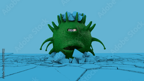 3D rendering of a scary, suspicious-looking coronavirus, a green one-eyed dragon flying over a blue surface with horns on its head. A viral Troll has broken the surface and is looking for a victim.