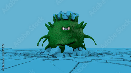3D rendering of a scary, grinning coronavirus, a green one-eyed dragon flying over a blue surface with horns on its head. The viral Troll broke through the surface and is happy over it.