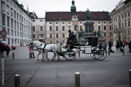The phaeton is carrying tourists. This is the most common and traditional sightseeing way for tourists in Vienna, Austria. This photo took by usin pan technique to show something that in motion.