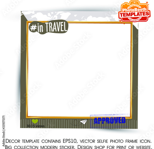 Travel photo booth props. Frame contains icons, such as stamp, gold frame and decorative background. Photobooth vector element. Collection photo booth icon. Concept of a selfie.