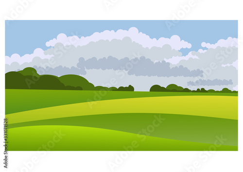 Vector illustration of beautiful summer fields landscape with a green hills and blue sky. Country background in flat style for design banner, ticket, leaflet, card, poster and so on