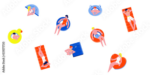 Set of relaxing people on inflatable rings, air mattresses of different shapes. Vector illustration in flat cartoon style.